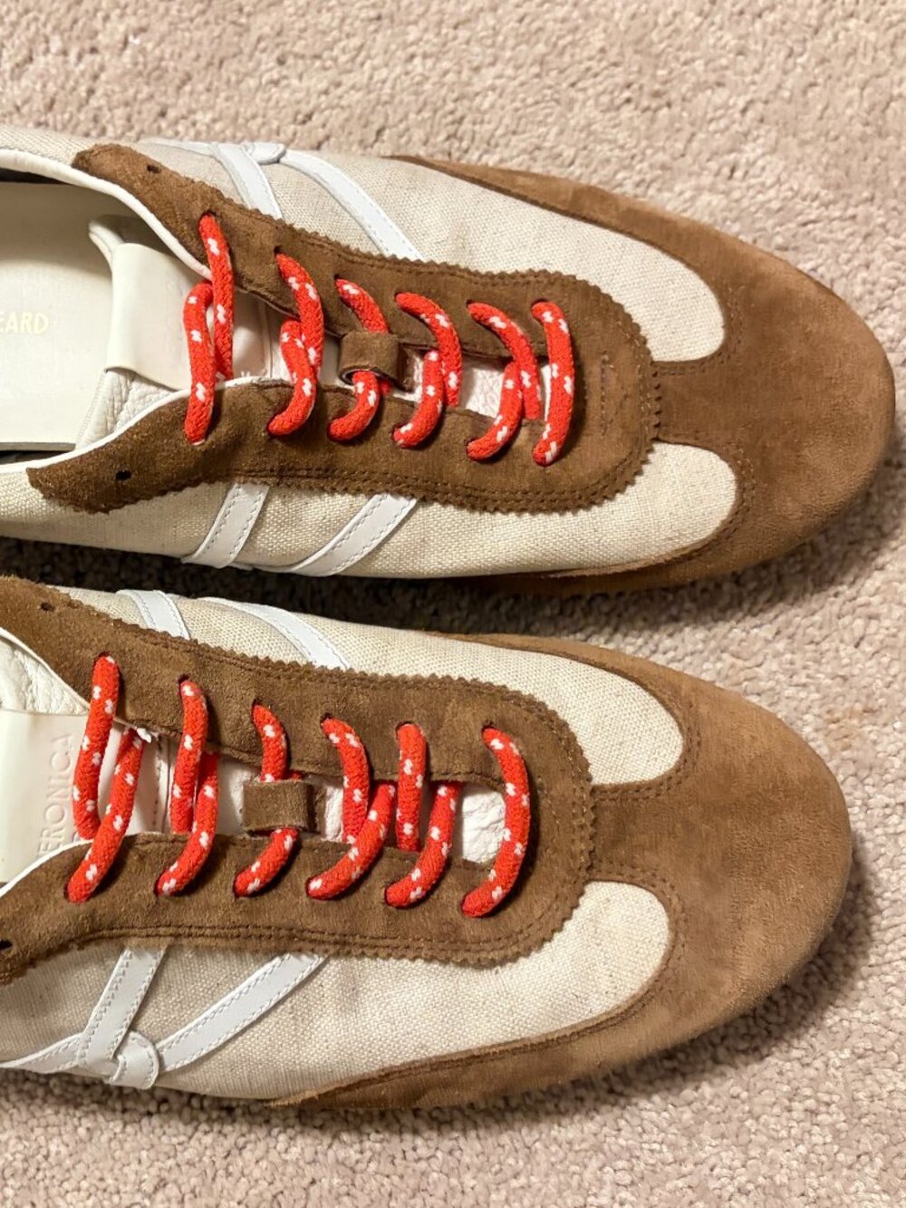 Veronica Beard Riviera Sneakers Brown Suede Cream Canvas Red Laces Size 10